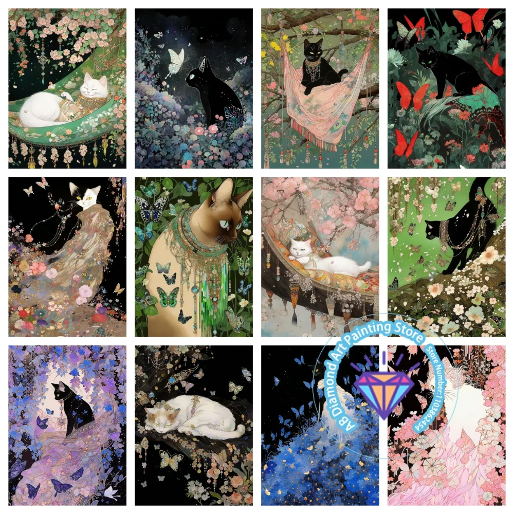 

Animal Black Cat Butterfly AB Diamond Painting Kit Square Round Diamond 5D DIY Mosaic Handmade Art Unique Gift Crafts Home Decor