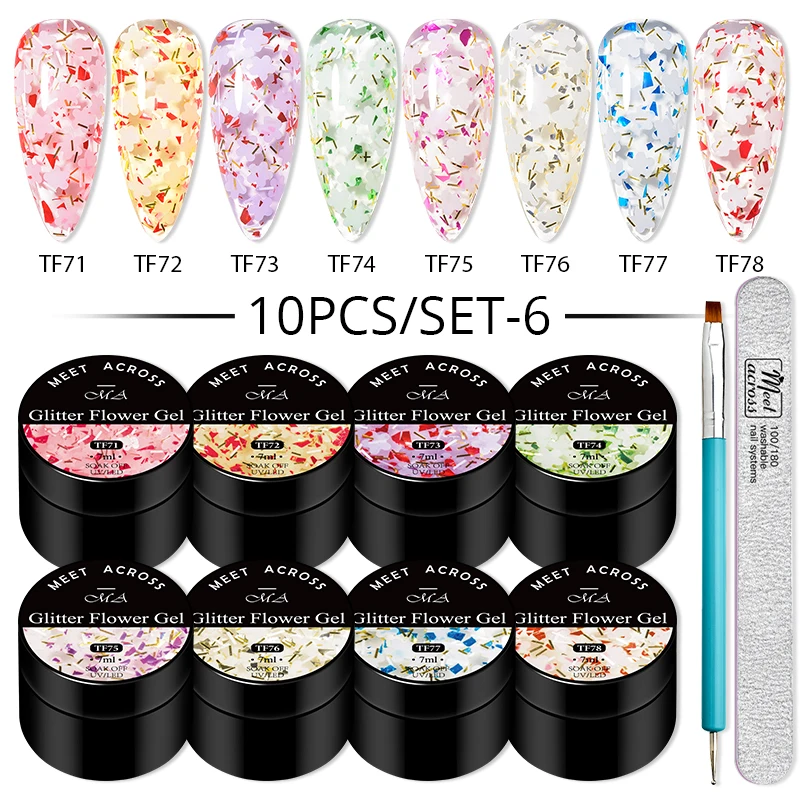 

10Pcs/Set Glitter Dried Flower Gel Nail Polish Set UV LED Nail Art Gel Vernis Semi Permanent Base Top Coat Varnish Manicure Kits