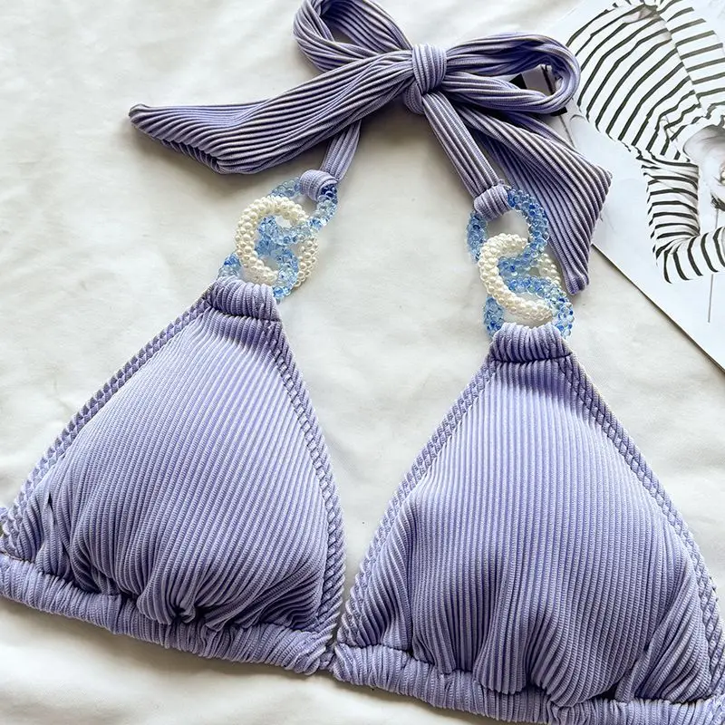 Sexy Purple Micro Bikini 2024 Women Swimsuit Halter Three Pieces Swimwear Korean Beach Wear Bathing Suit Swimming Thong Biquini