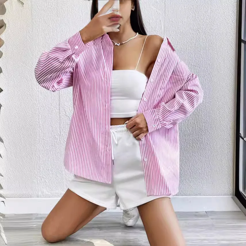 Koszula damska z guzikami, nieformalna moda, niebiesko-różowa bluzka, bluzki z długim rękawem i dekoltem w serek.