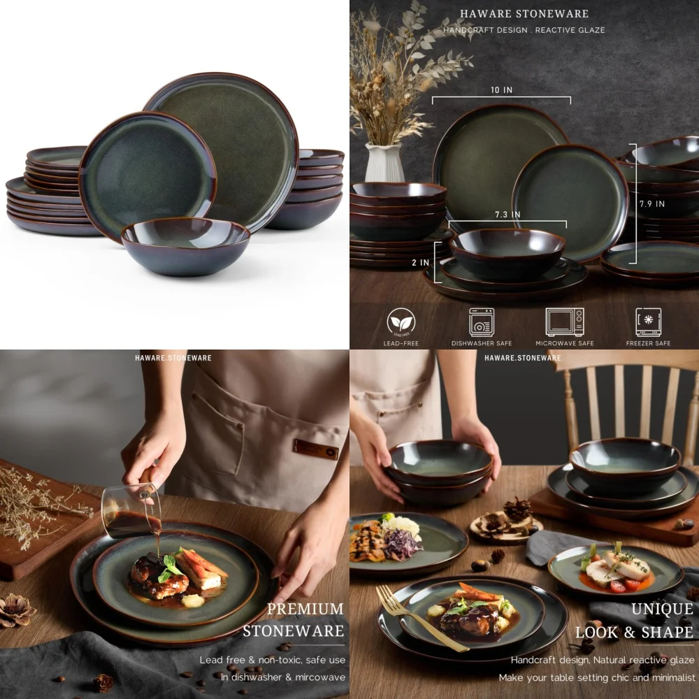 

Набор керамической посуды, набор столовой посуды из 18-х предметов, ручная роспись, каменная посуда, тарелки и миски, идеально подходящие для повседневного использования и специального использования