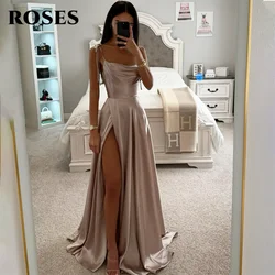 ROSES Champagne Prom Dress Strapless Sleeveless Evening Dress Simple A-Line Satin Party Dress Sexy Side High Split فساتين مناسبة