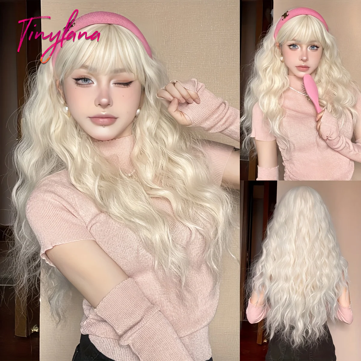 

Curly Long Platinum Blonde Wavy Synthetic Wigs with Bangs for Women Beige Cosplay Lolita Natural Hair Wig Heat Resistant Daily