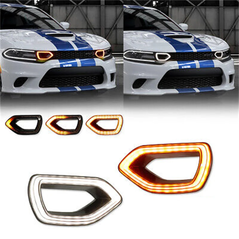 For 2015-2021 Dodge Charger SRT Scat Pack Smoke Switchback LED DRL Grille Lights White/Yellow Lights