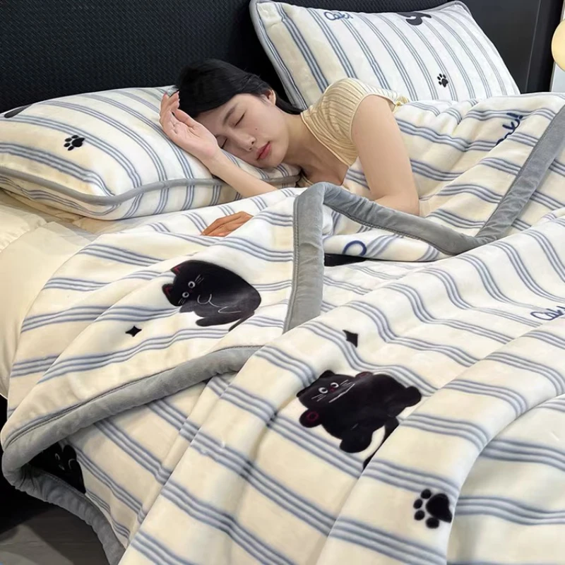 Luxury Heavy Double Layer Raschel Blanket Thickened Warm Plush Winter Blankets for Bed Cartoon Cat Soft Weighted Comforter