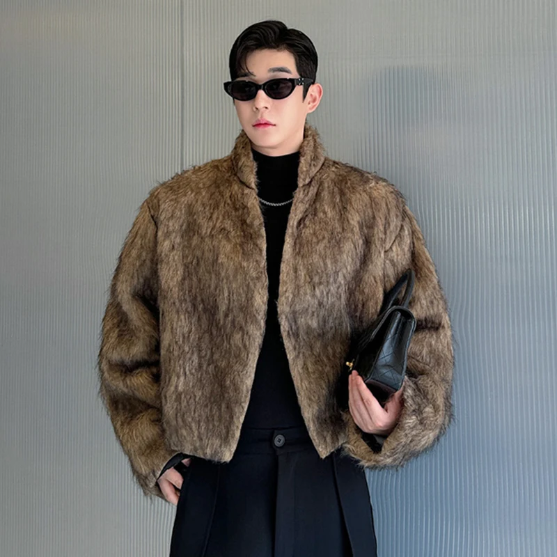 IEFB American Style Men's Faux Fur Coats Casual Solid Color Stand Collar Luxury Buttonless Loose Male Jackets New Autumn 9C8114