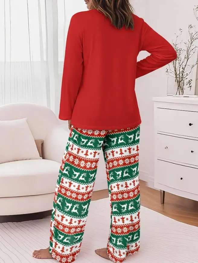 2 ピース衣装 トナカイプリント長袖ドロップショルダートップとクリスマスプリントカラーブロック弾性ウエストパンツセットパジャマセット