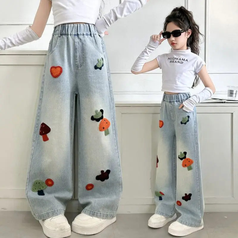 

Girl New Fashion Jeans Child Mushroom towel embroidered design wide leg pants for Kids Denim Pants for 4-14Years