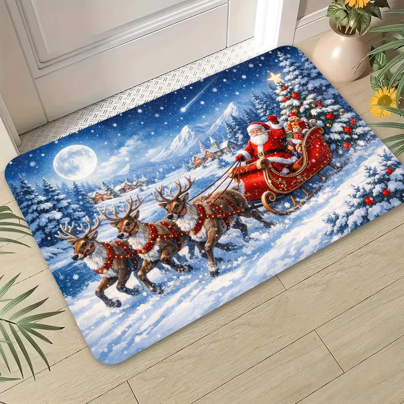 1pc 2D Flat Printed Santa Reindeer Sleigh Christmas Welcome Area Rug, Colorful Non‑Slip Machine‑Washable Mat for Indoor Home