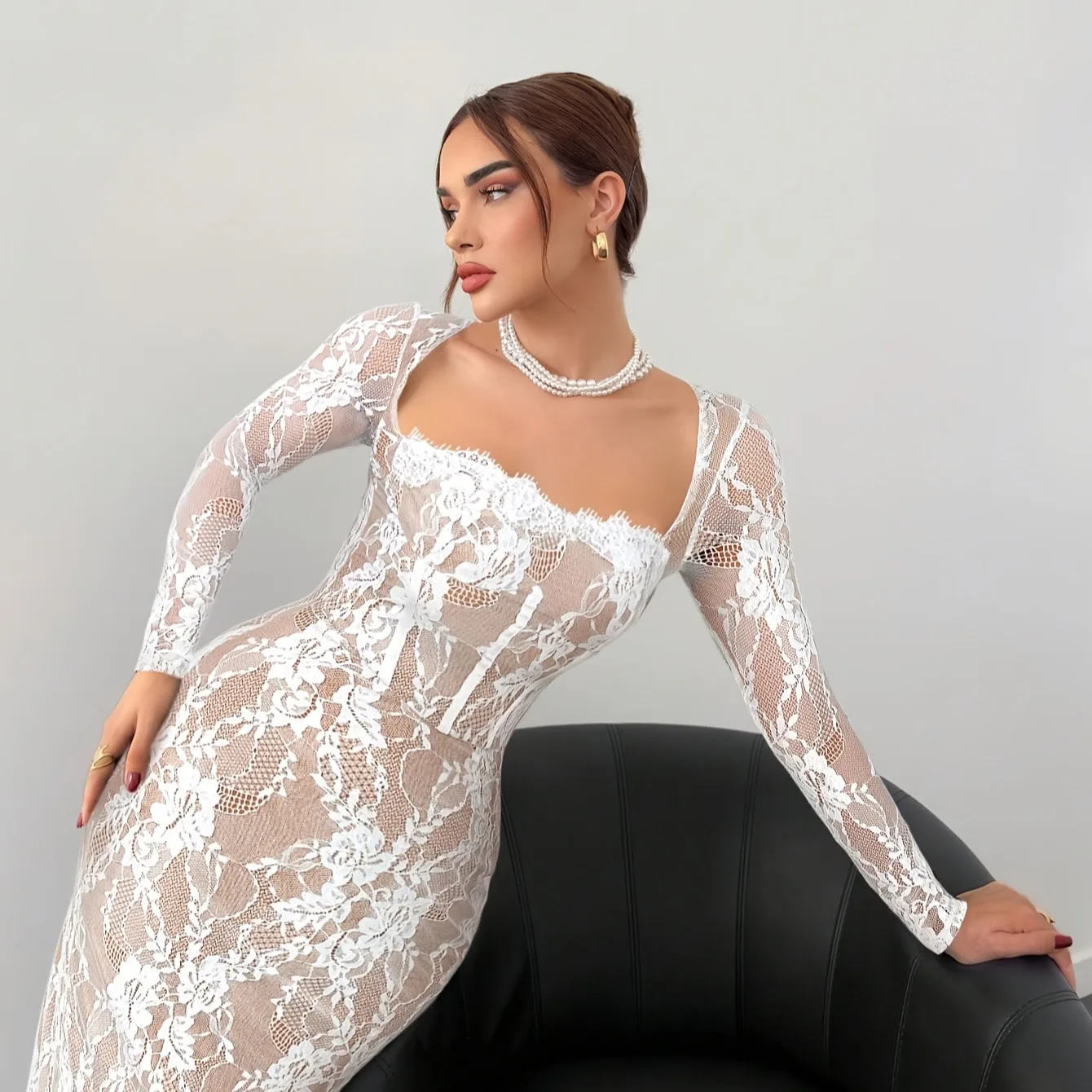 فستان Ele Long Lace Dr النسائي الرومانسي Ne Splice بقصة ضيقة وطويلة وياقة مربعة وطول كامل