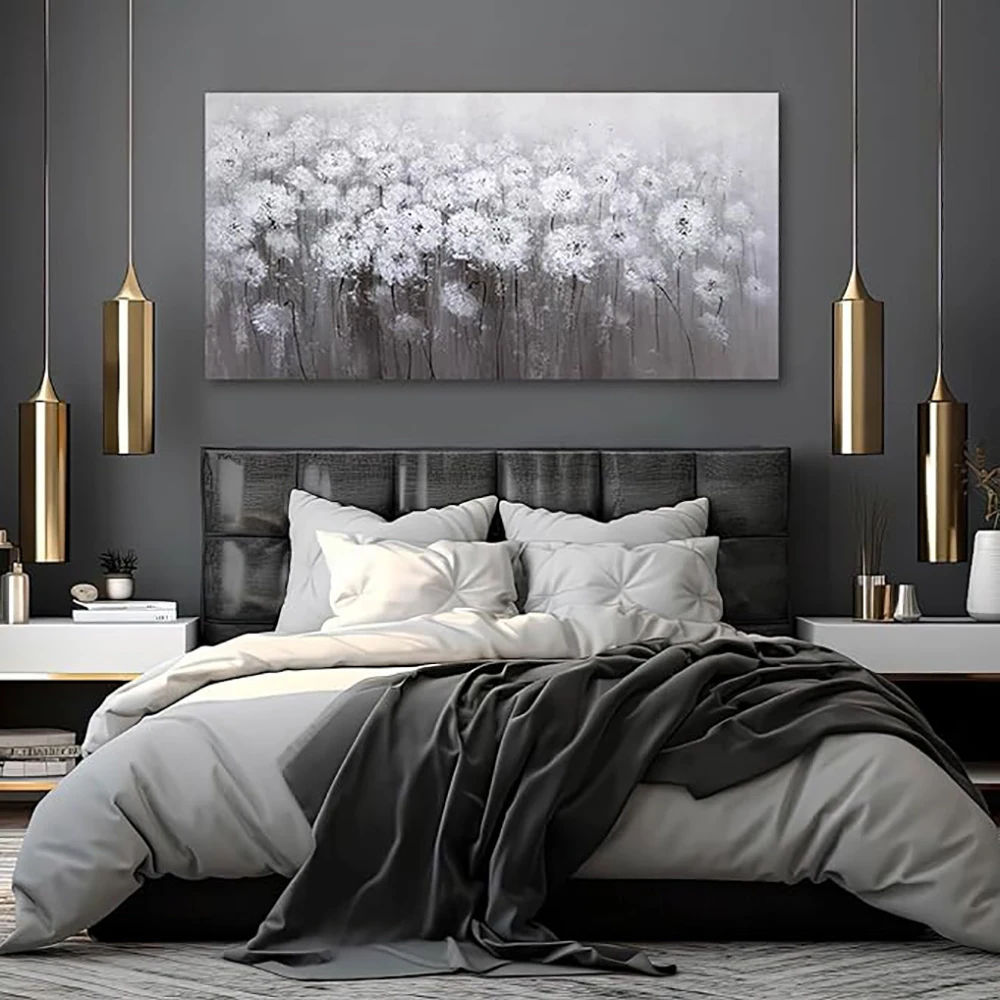 

Modern Canvas Wall Art Hand Painted Dandelion Oil Painting Home Decorations White Flower Painting for Living Room Bedroom Decor