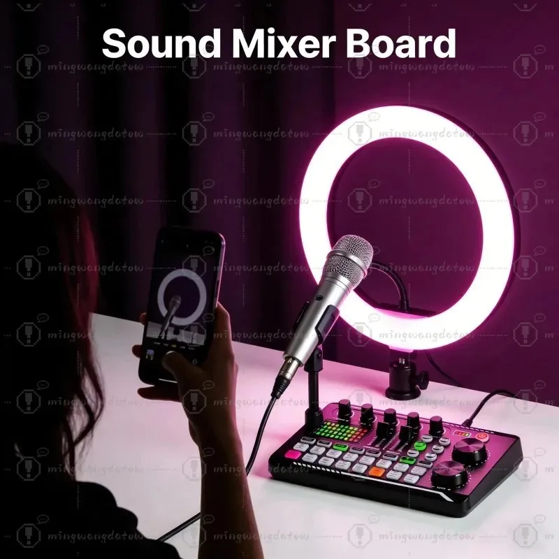 Type-C OTG Sound Mixer Board with Multiple Sound Effects & LED Light, for DJ Music Studio Recording
