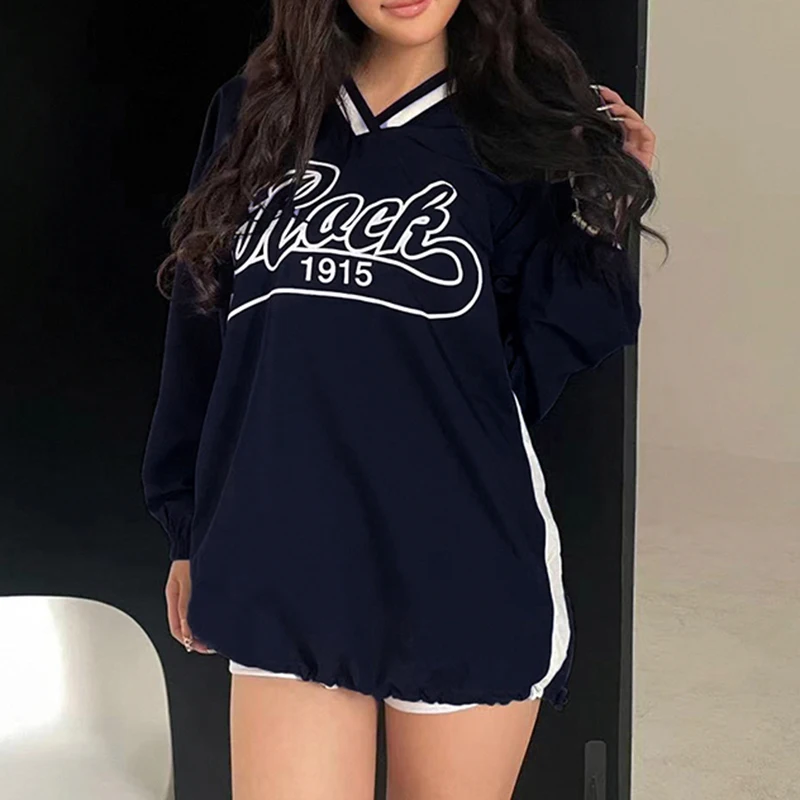 BIIKPIIK patchworkowy nadrukowane litery z paskiem długa bluza z kapturem Streetwear V kołnierz Casual damski płaszcz jesienna moda na wszystkie