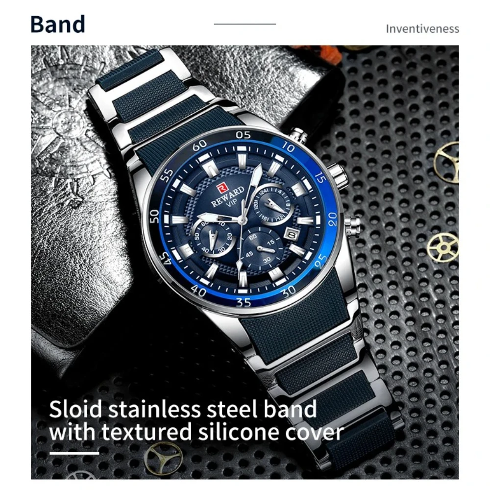 REWARD 81011 Men's Watch Luxury Blue Quartz Watch Men's Chronograph Automatic Date Waterproof Business Watches for Man Reloj