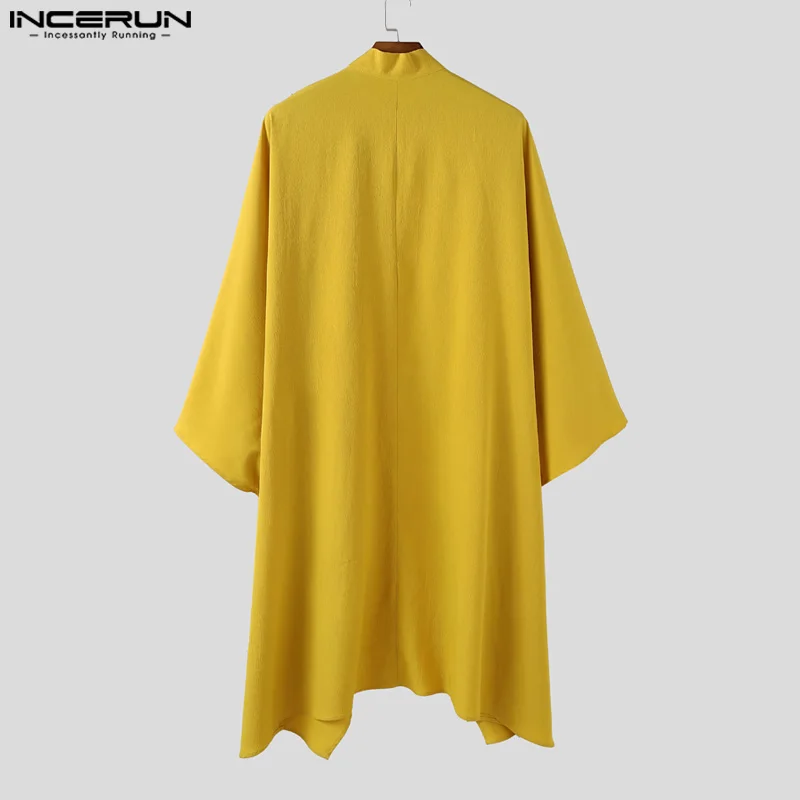 INCERUN الرجال نمط طويل خندق معاطف غير النظامية الصلبة طويلة الأكمام الذكور سترة الشارع الشهير فضفاضة المفتوحة غرزة ملابس خارجية غير رسمية الرجال