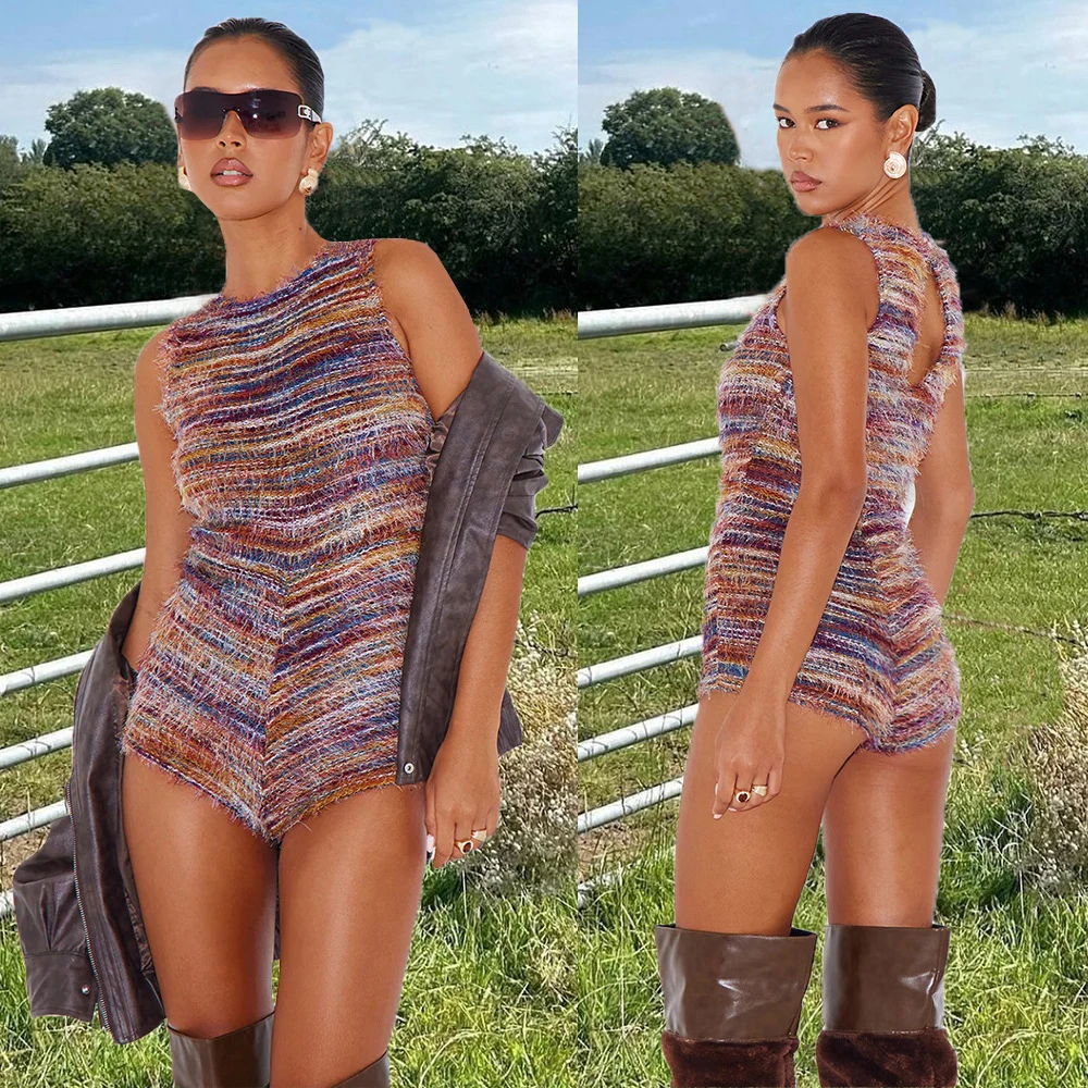 

Fluffy Red Stripe Eyelash Textured Racer Romper Women Sexy Street Playsuit O-Neck Sleeveless Skinny One Piece Shorts Jumpsuit