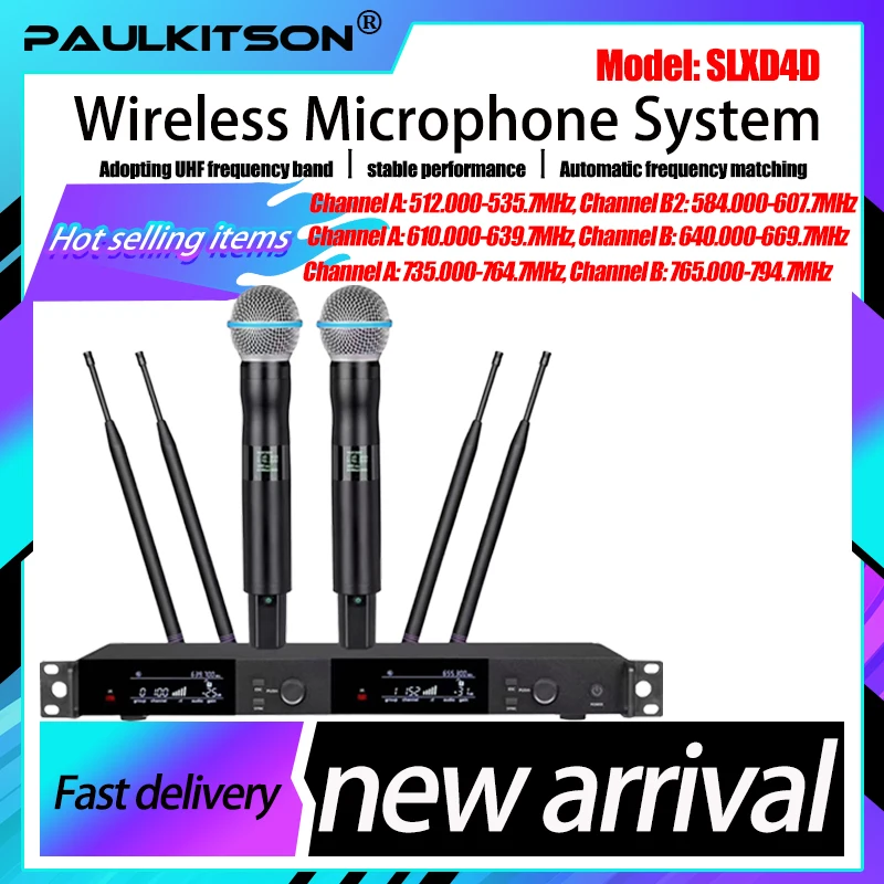 

Профессиональная беспроводная микрофонная система Paulkitson SLXD4D с автоматическим сканированием, UHF, ручной динамический микрофон для церкви, сцены, вечеринок