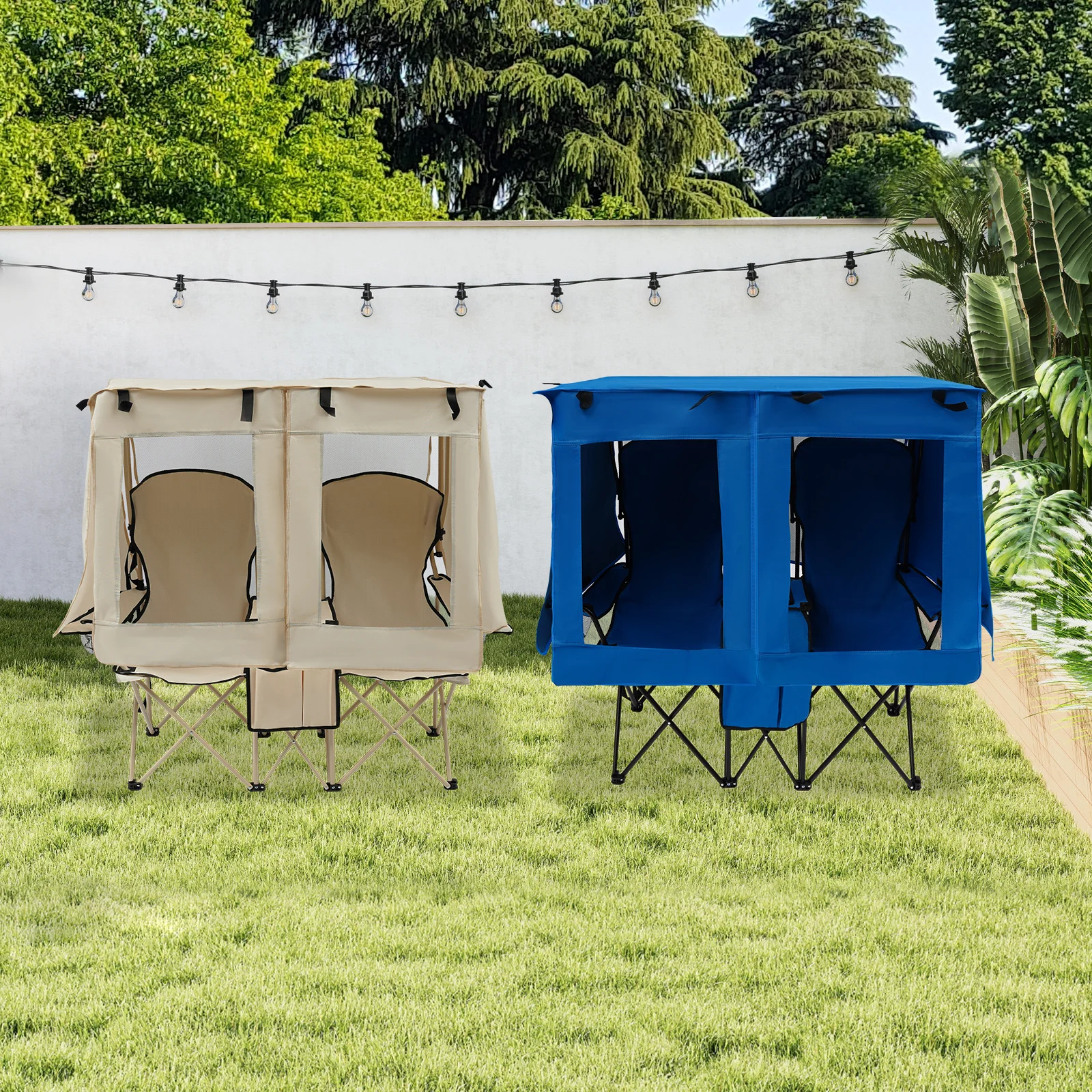 

Blue/ Khaki Portable Folding Two-Person Camping Seat Outdoor Loveseat with Shade Multi-Functional Storage Helper Slip-Prevention Pads