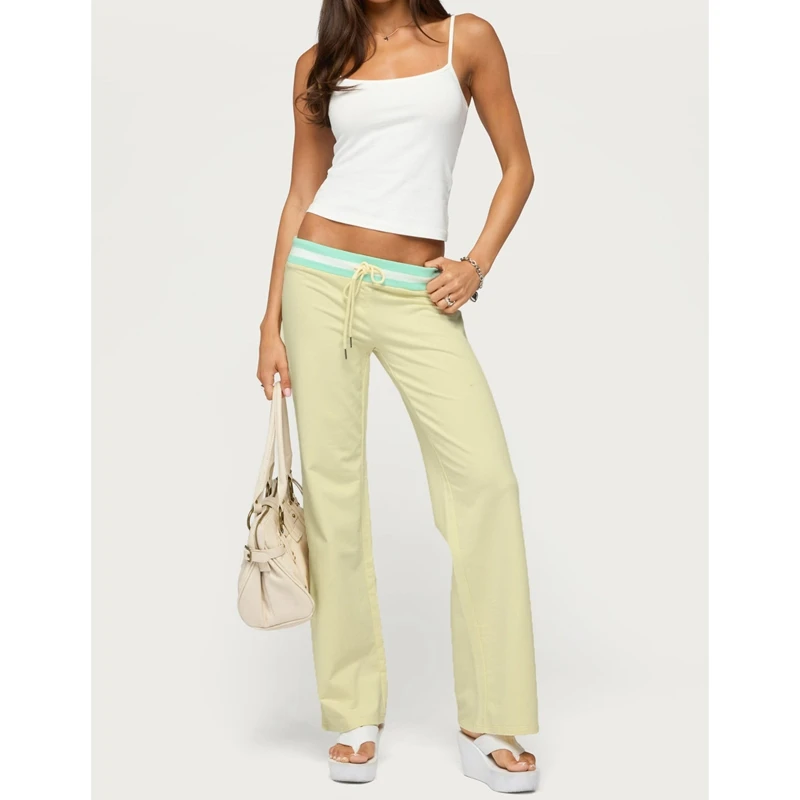 Women's Wide Leg Long Pants Loose Y2k Striped Waist Contrast Color Drawstring Elastic High Rise Trousers Streetwear