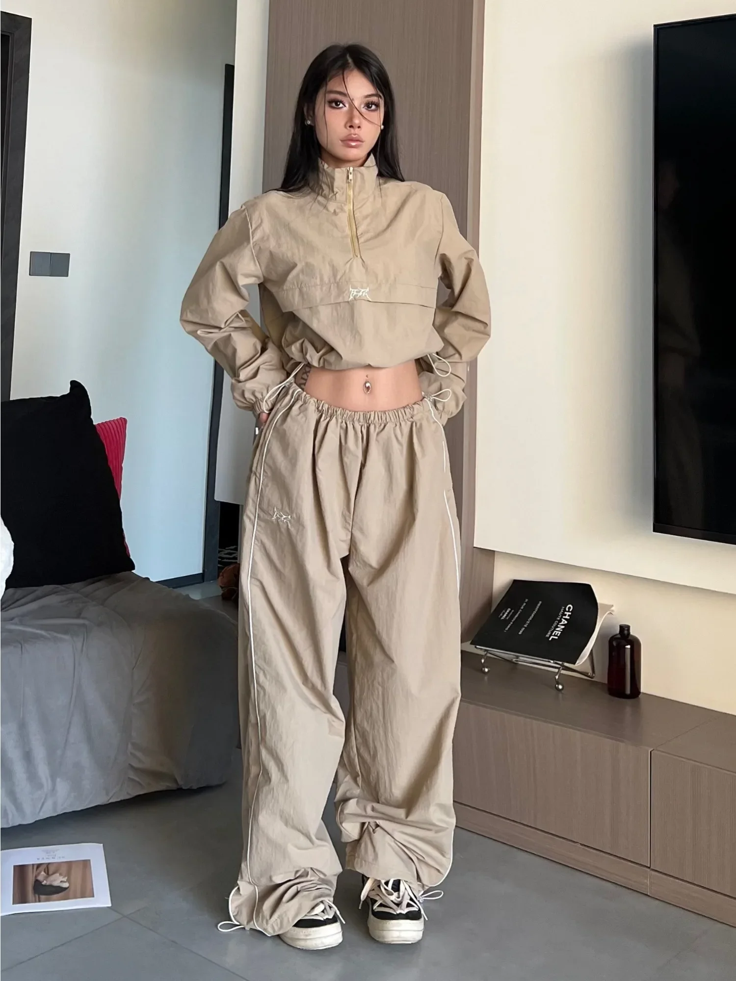 

HOUZHOU Y2K Streetwear Khaki Pants Sets Women Gorpcore Vintage 90s Beige Tracksuit Oversized Kpop Fashion Harajuku Two Piece Set