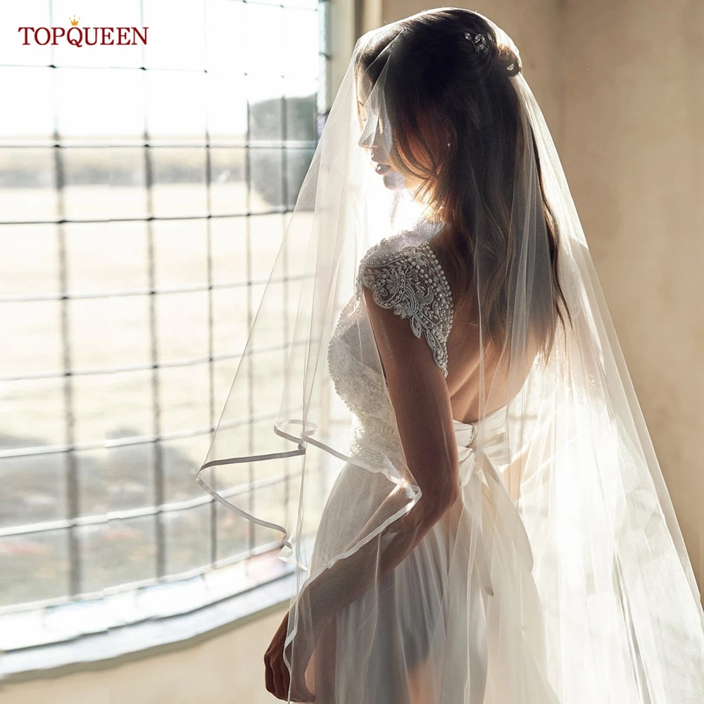 TOPQUEEN V97 Wedding Veil Ribbon Edge Bridal Veil Long Wedding Veil 2-Layer Wedding Accessories Customizable