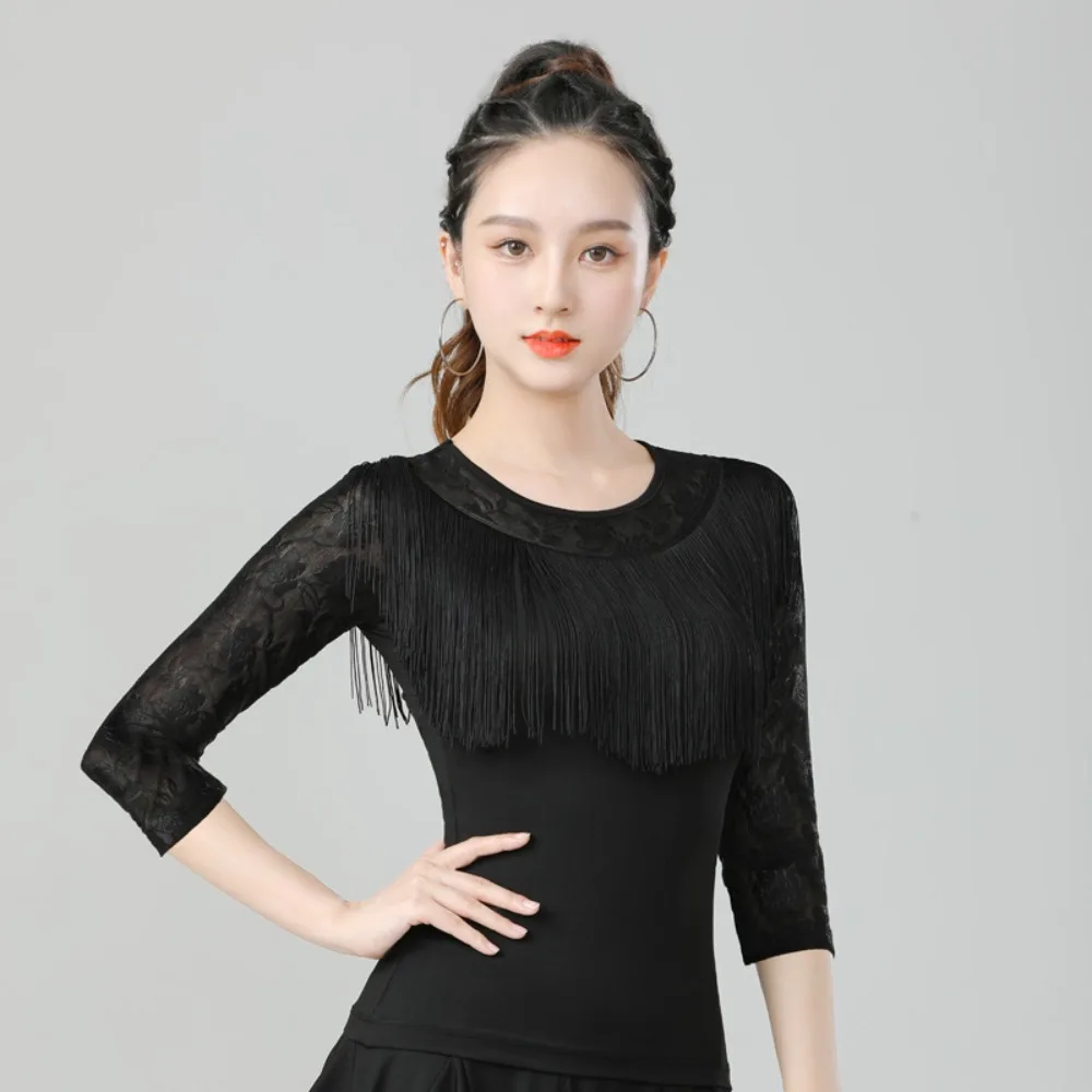 เสื้อเต้นรำบอลรูมสไตล์ใหม่สำหรับผู้หญิงผู้ใหญ่ ชุดเต้นรำสแควร์แดนซ์ เสื้อฝึกซ้อมเต้นรำสมัยใหม่แบบมีชายครุย สำหรับการเต้นรำจิตร์บัค