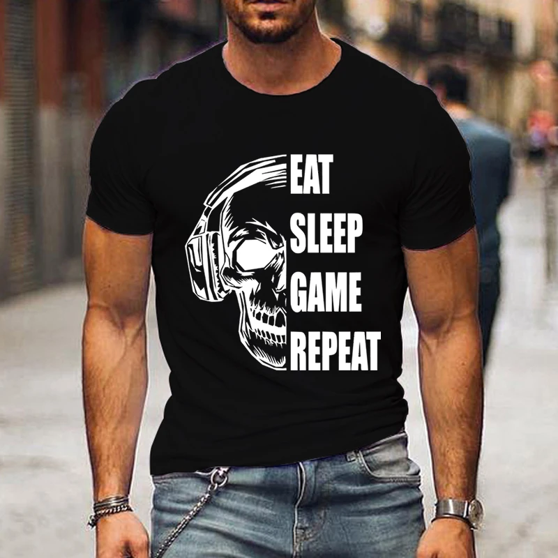 Camiseta de música de esqueleto para hombres, ropa de calle de Hip Hop, juego de comer y dormir, estampado de repetición,2024