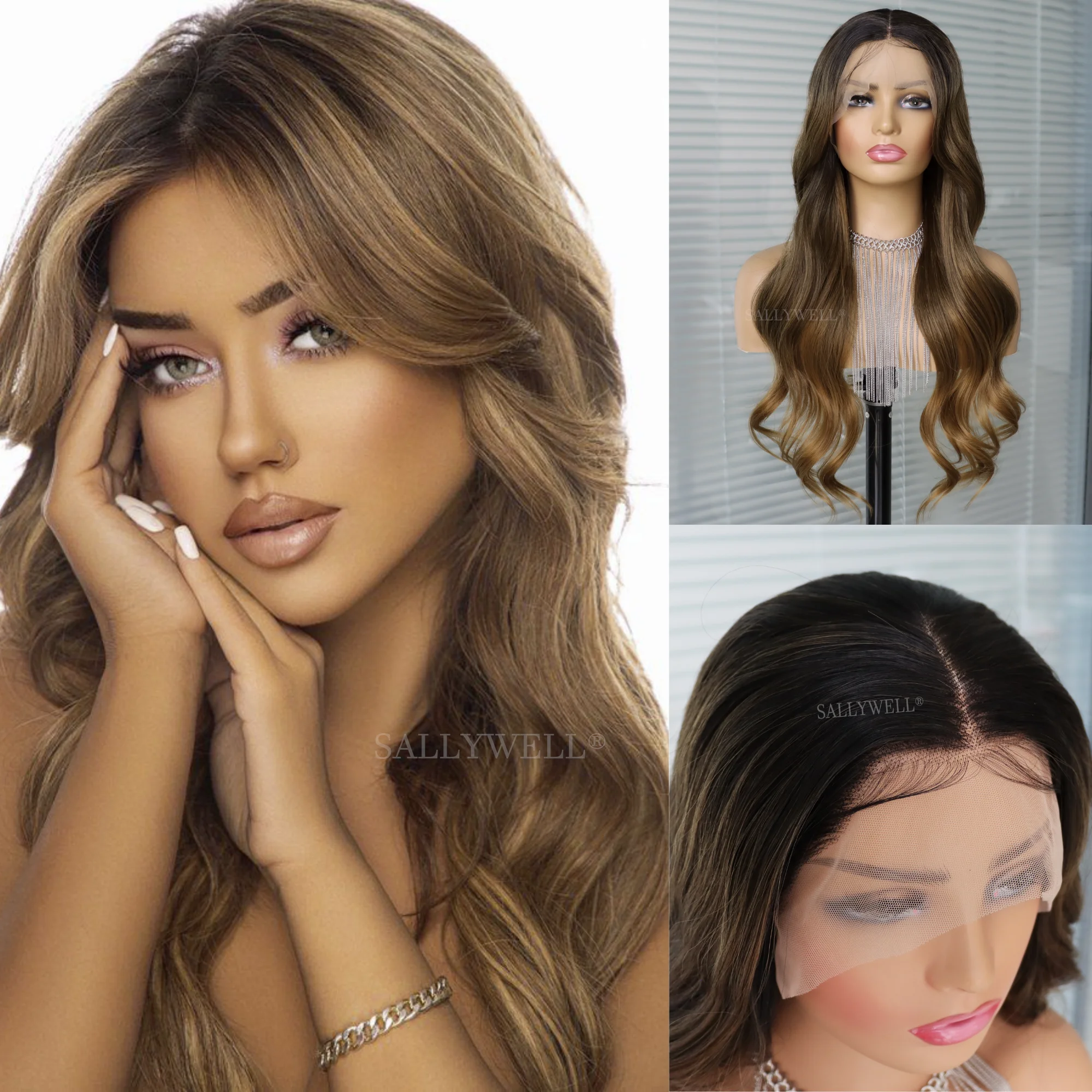 

Ombre Brown Lace Front Wigs for Women Long Natural Wavy Synthetic Wigs with Baby Hair Pre Plucked Hairline Heat Resistant Fibers