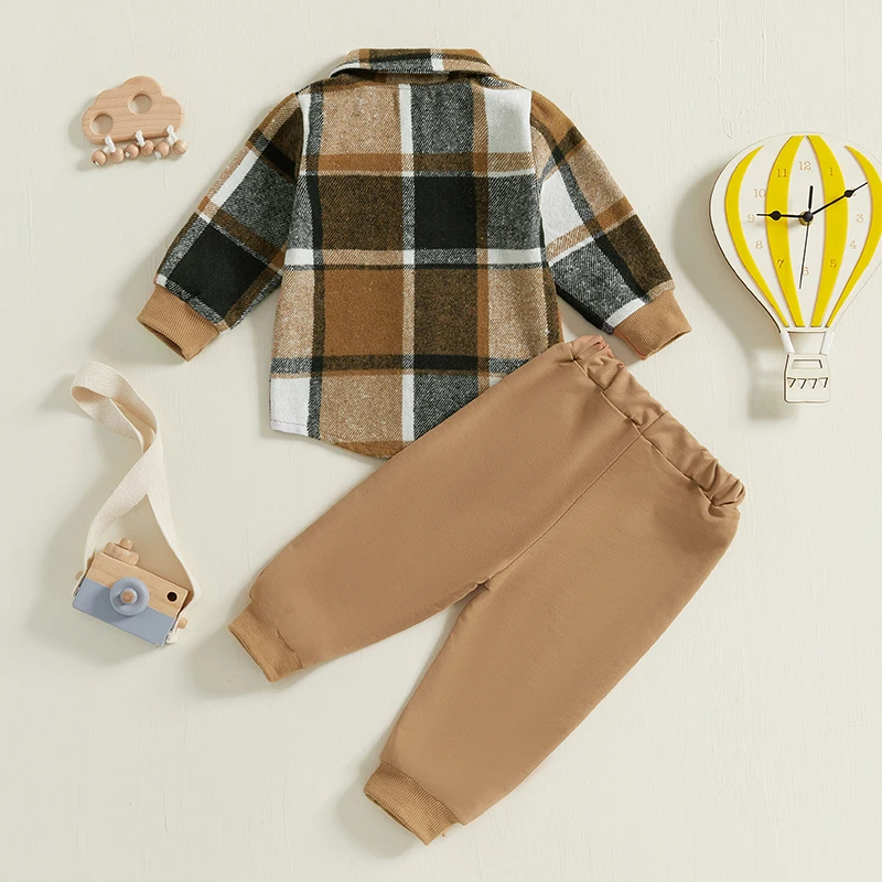 Chemise à manches longues et pantalon élastique pour bébé garçon, vêtements d'automne pour enfants, tenues pour tout-petits, imprimé à carreaux, 0-5 ans, ensembles de 2 pièces