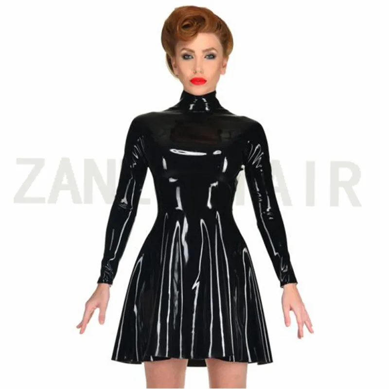 

Elegant Sexy Lingerie Handmade Latex Long Sleeves High Collar Neck Mini Tight Pleated Dress Skirt Fetish Zentai Uniform Back Zip