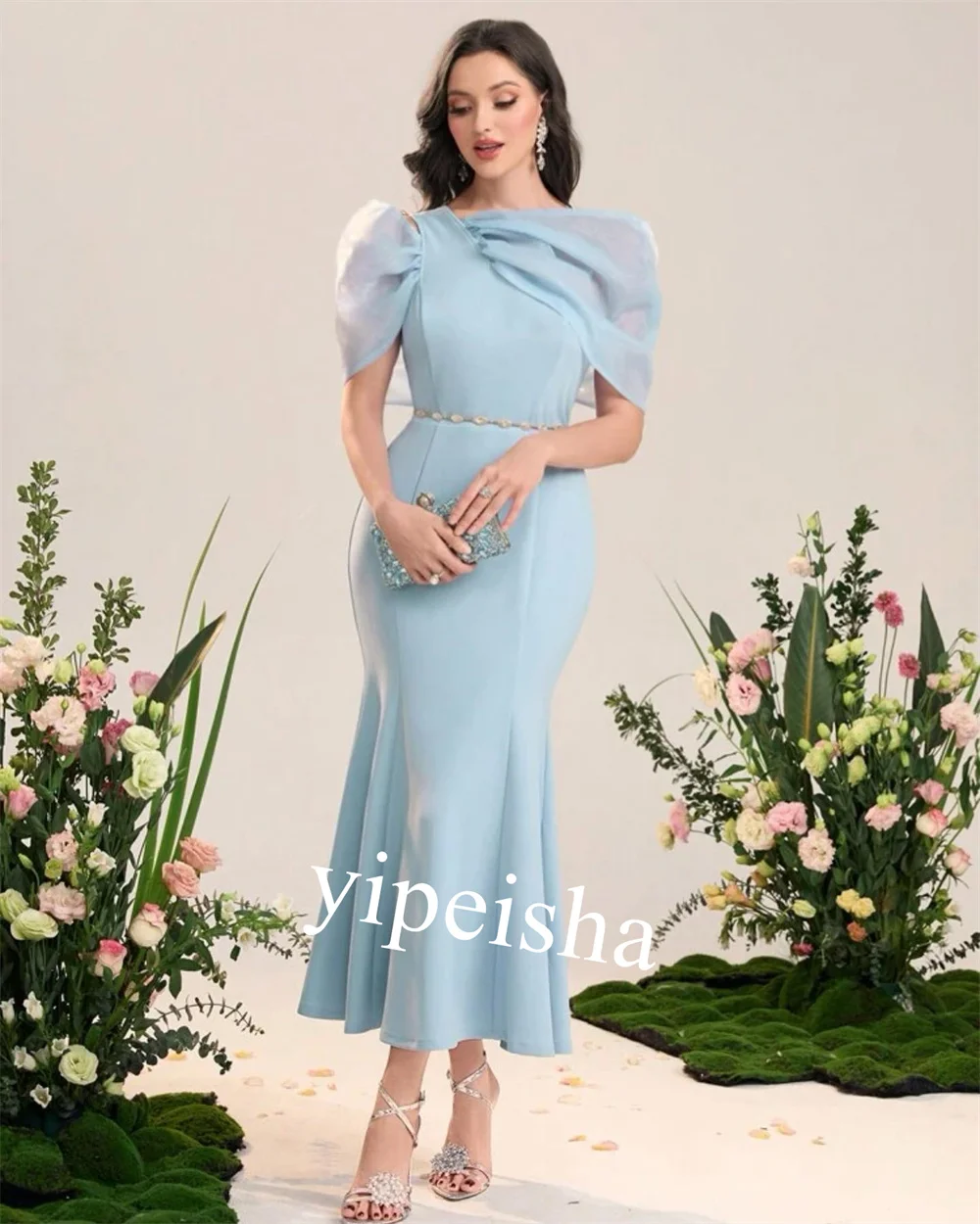 Customized Jersey Sash Birthday Trumpet Scoop Neck Bespoke Occasion Gown Midi Dresses