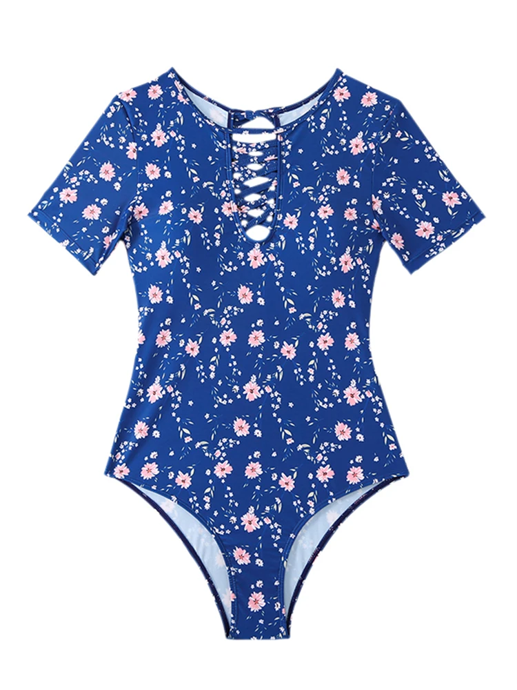 One Piece Swimsuit Women 2024 New Blue Print Short Sleeves Hollow Out Sexy Bodysuit Swimwear Monokini Beach Bathing Suit Female