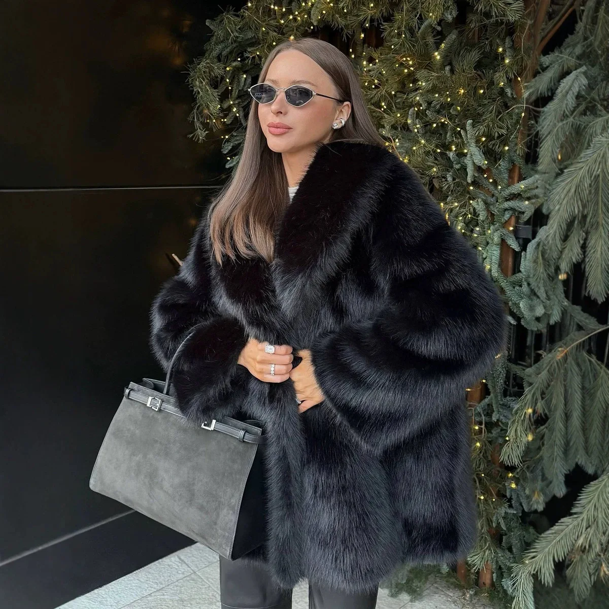 Women's Imitation Fox Fur Coat Medium And Long Environmentally Friendly Artificial Fur Green Fruit Collar Fur Coat
