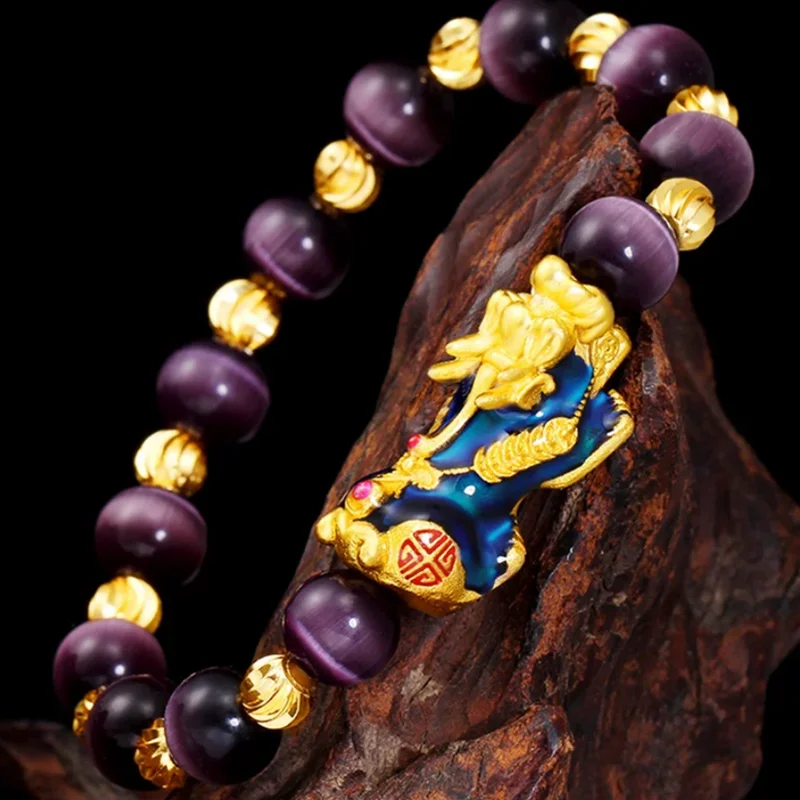 

Pure copper Change Color Pixiu Feng Shui Gift Cat Eye Stone Bracelet for man and women good Lucky Amulet Jewellery