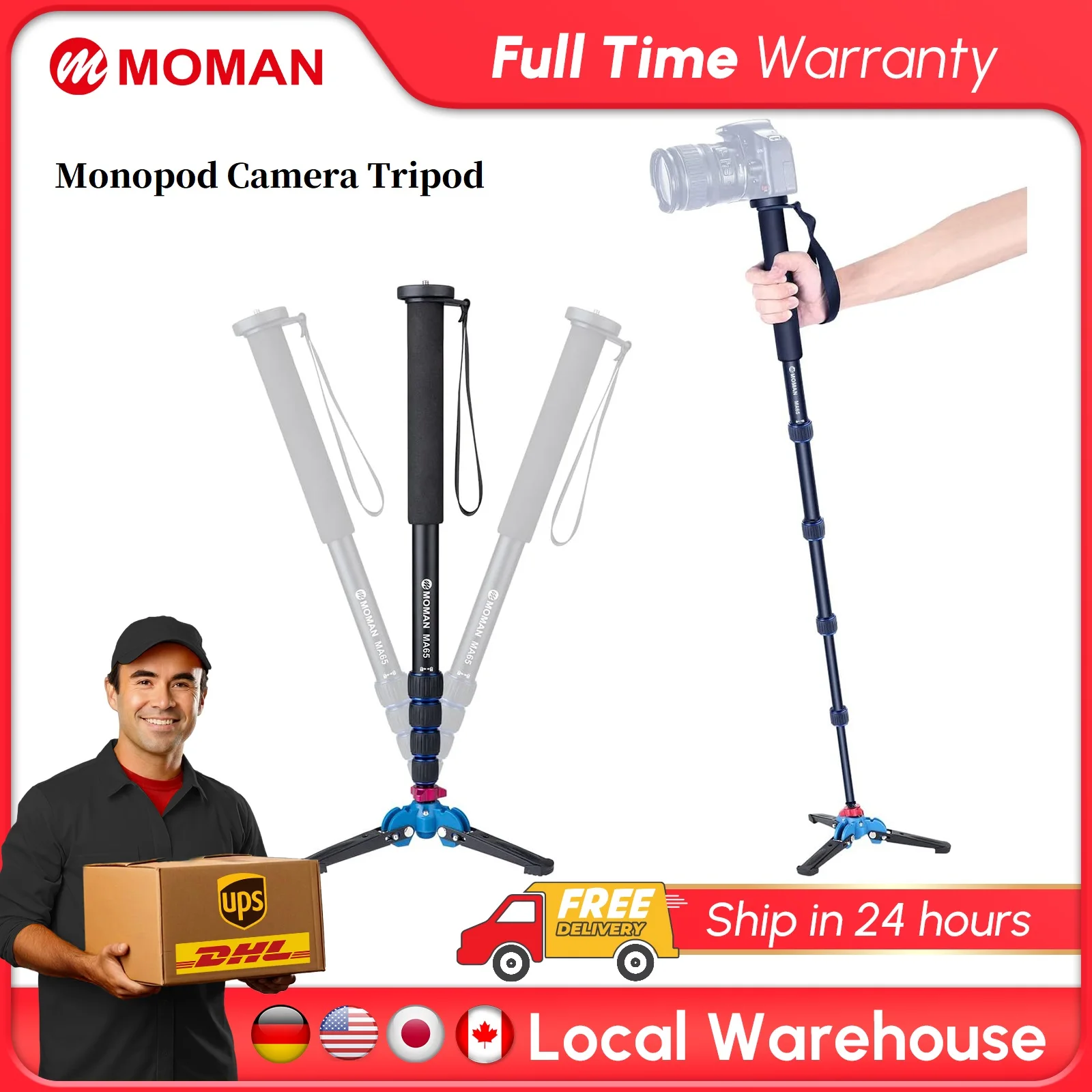 

Moman Monopod Camera Tripod Travel Tripod and Stand Spider, DSLR Camera Tripod Hiking, 0.64 kg with Tripod Legs Maximum 165 cm