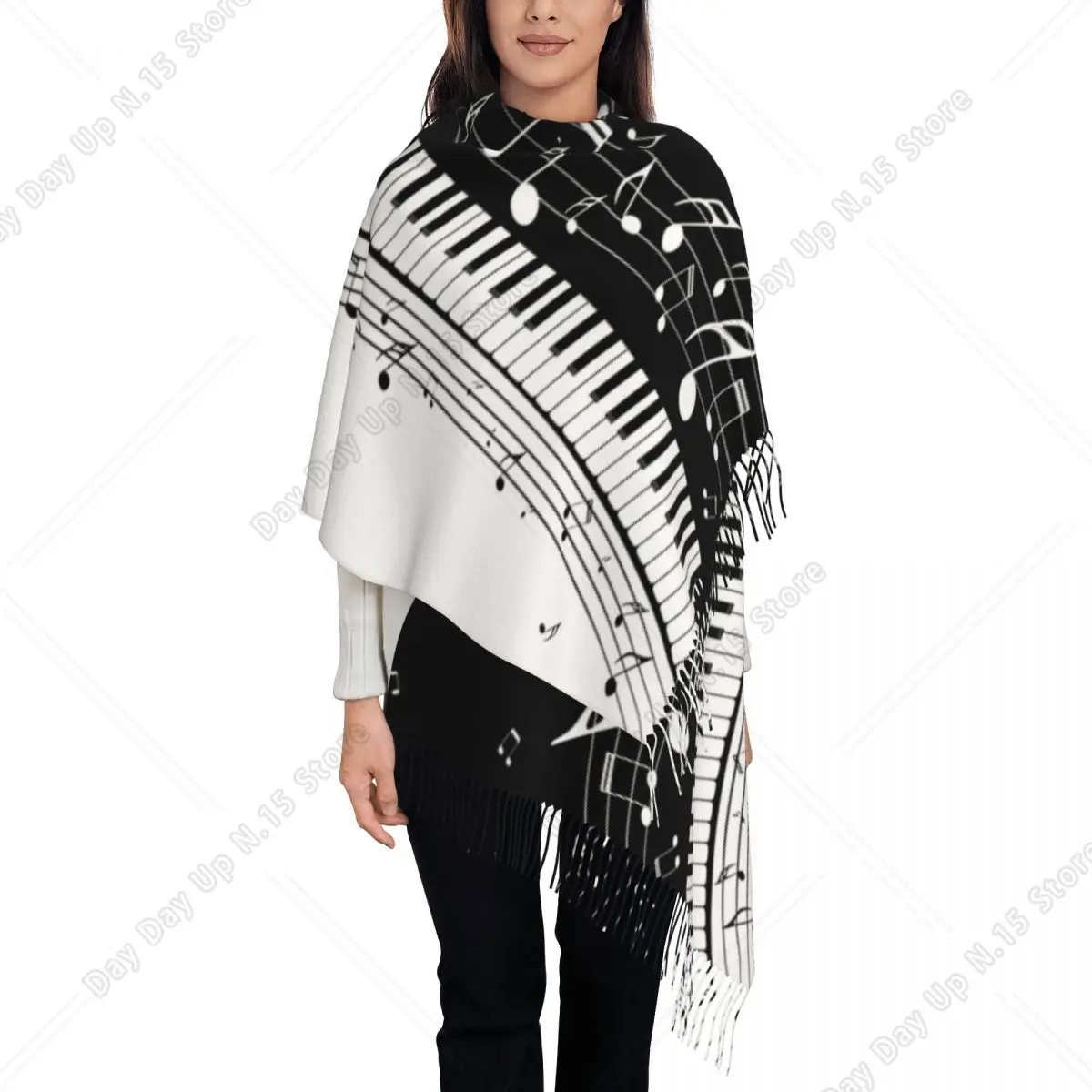 Womens Tassel Scarf Piano Keyboard Keys Wave Musical Notes Large Winter Fall Shawl Wrap Gifts Cashmere Scarf