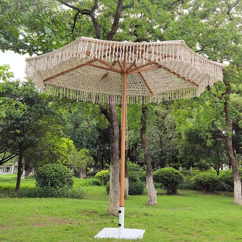 Garden umbrella, outdoor leisure decoration woven umbrella, fringed pagoda aluminum alloy hollow cotton rope middle column beach
