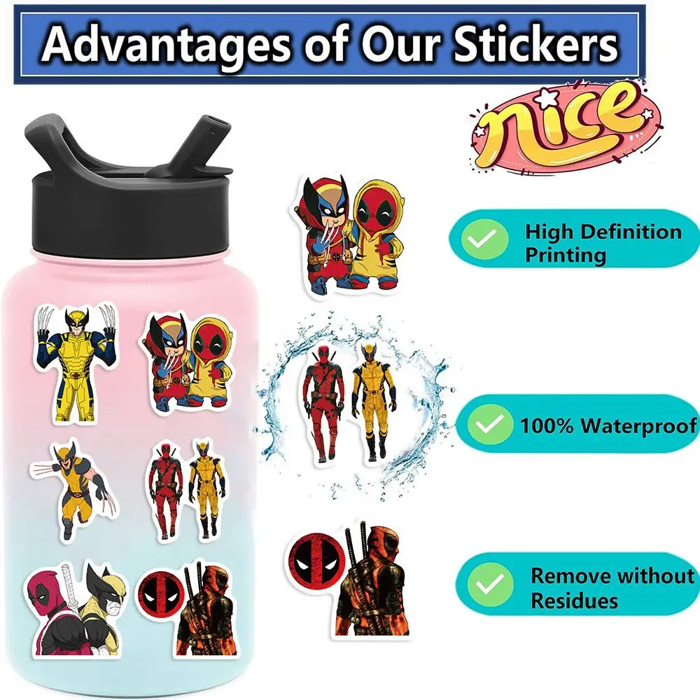 Marvel Superhero Adesivos para Crianças, Decalques legais, Deadpool, Wolverine, Skate DIY, Notebook, Telefone, Brinquedo, 10 Pcs, 50Pcs