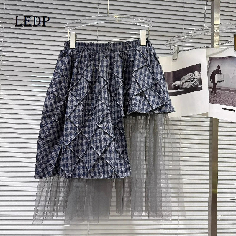 2026 Spring Summer New Plaid Splicing Irregular Mesh Women's Fluffy Short Skirt Retro Design Sweet Cool A-line Skirts Ladies