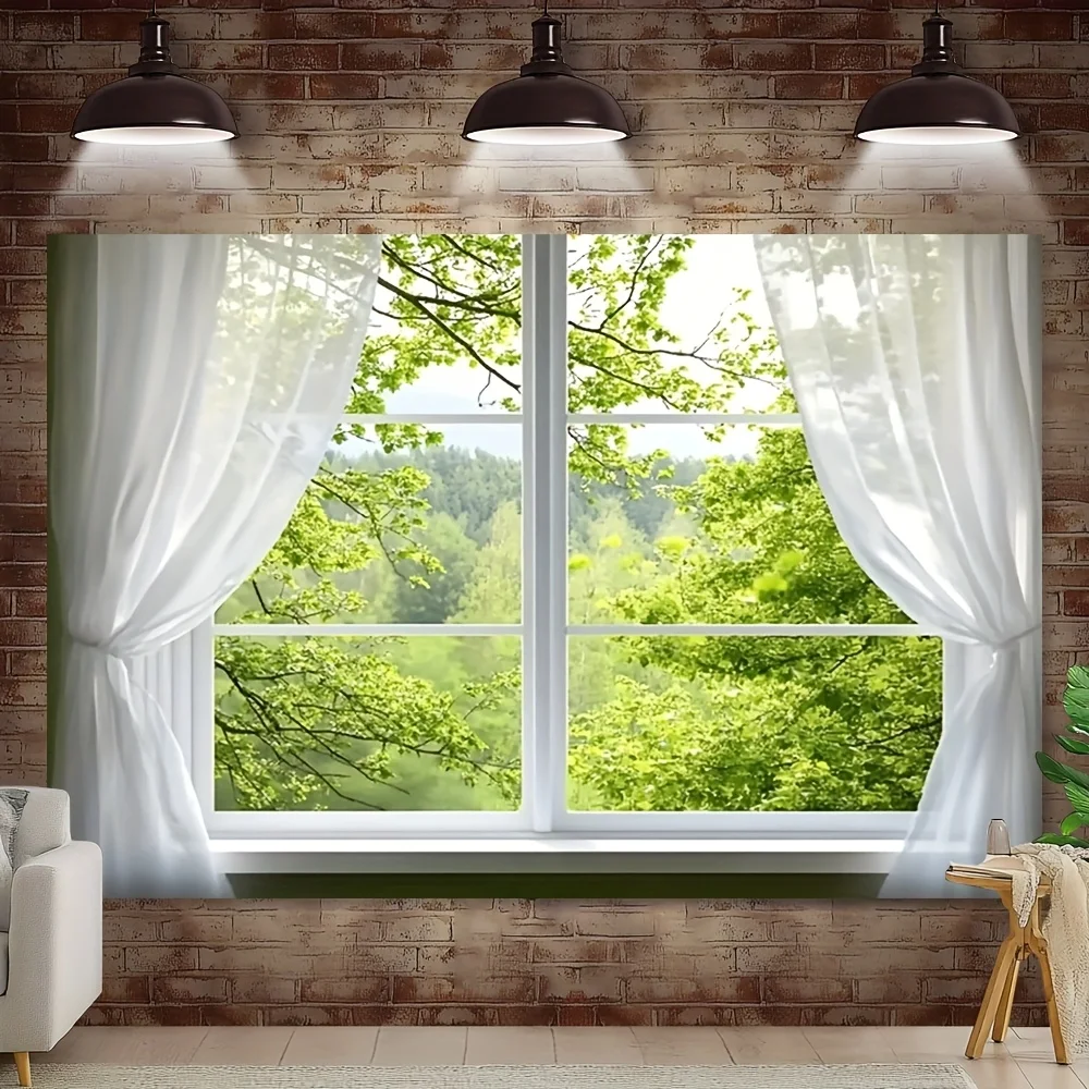 1 Stück Federfensteransicht, weiße Fensterbank, Blumenwald, natürlich bedrucktes Hintergrundbanner, Studiohintergrund