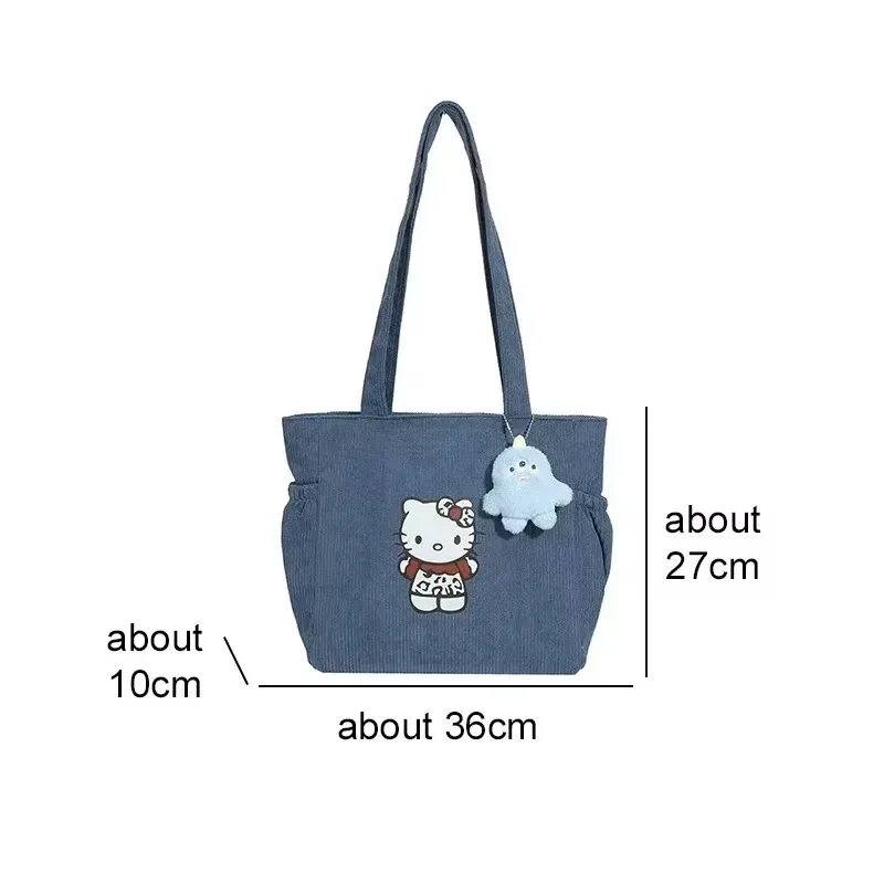 Sanrio HelloKitty Handbag Cute Kawaii Corduroy Printed Shoulder Bag Kt Catwoman Autumn Winter Large Capacity Student Storage Bag