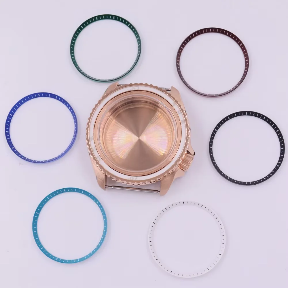 

41mm Rose gold Watch Case Sapphire Glass Black/blue/sky blue/white/green/brown Chapter Ring Fit NH35 Movement 3.8 Crown