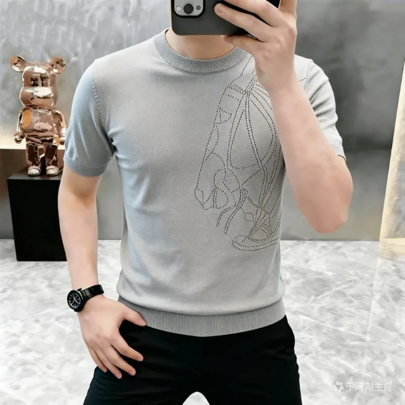Summer Men's Short Sleeved T-shirt High-quality Knitted Round Neck Ice Silk Tshirts Jacquard Knitted Casual Business T-shirt