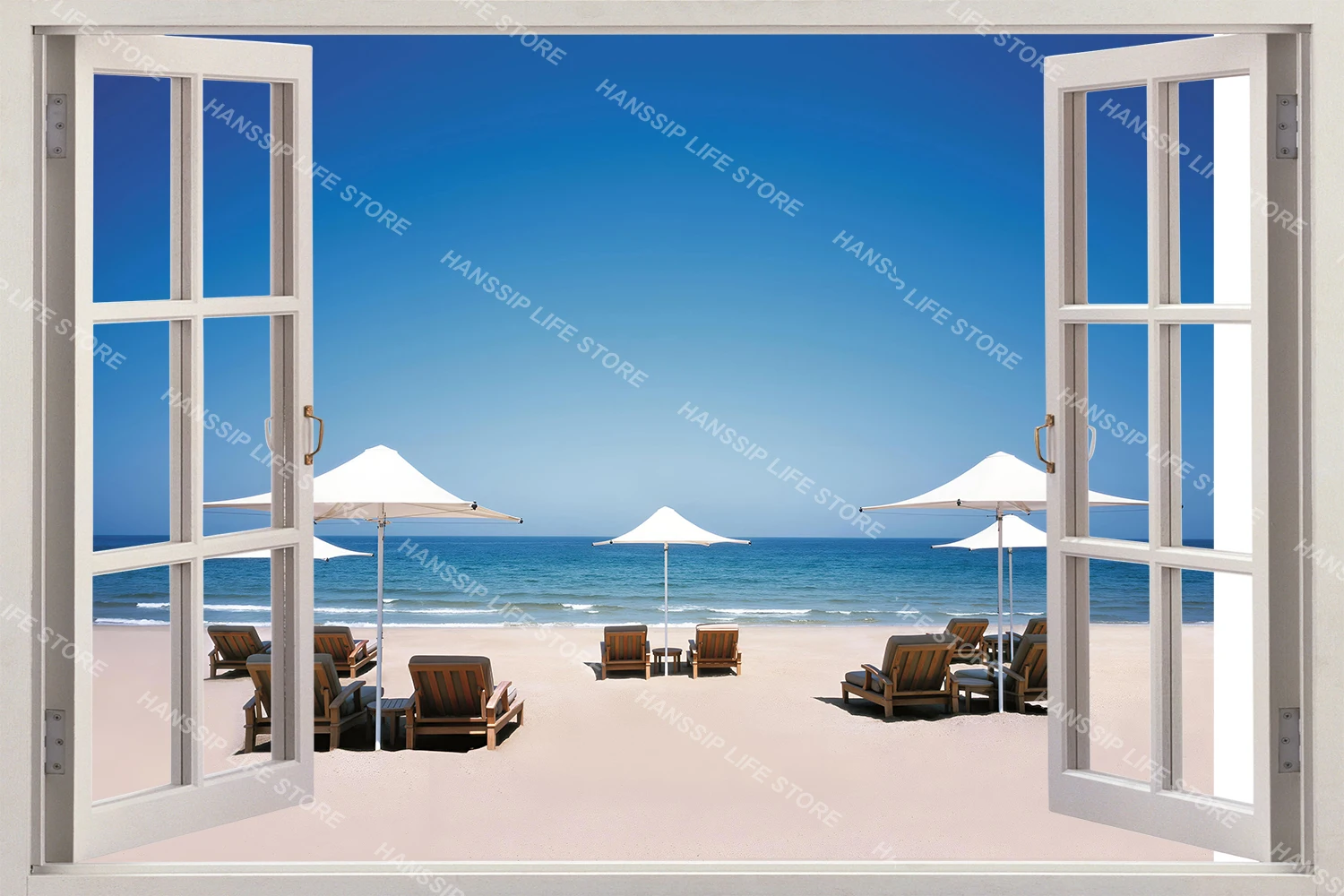 Blue Healing Sea View Window Seascape Wall Sticker Peel and Stick Home Decorative Coconut Tree Beach House Children Wall Decal