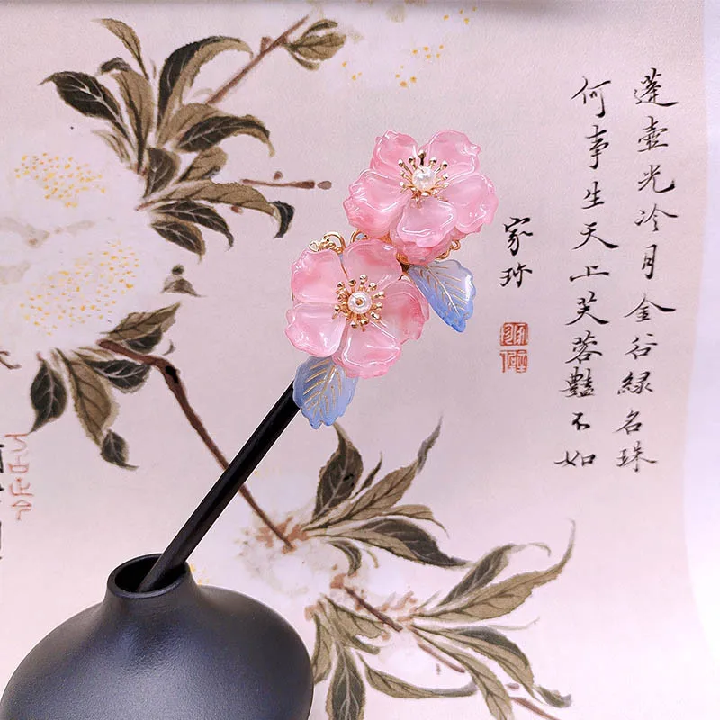 

Деревянные заколки со стеклянными цветами, новые заколки для волос в китайском стиле, высококачественные аксессуары для головных уборов Hanfu, аксессуары для волос