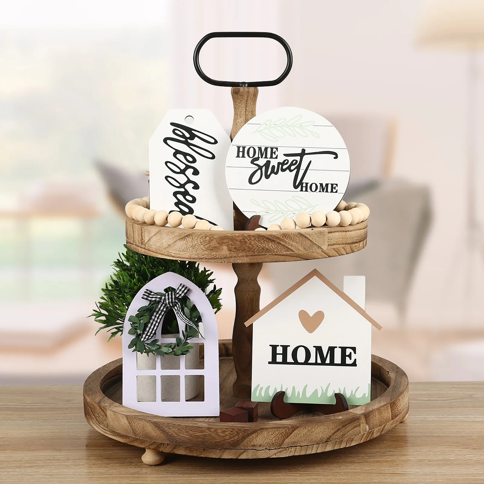 Farmhouse Tiered Tray Decor Set Home Wooden Sign Rustic Family Gather Blessed Happy Place Sign For Home Kitchen Table Shelf
