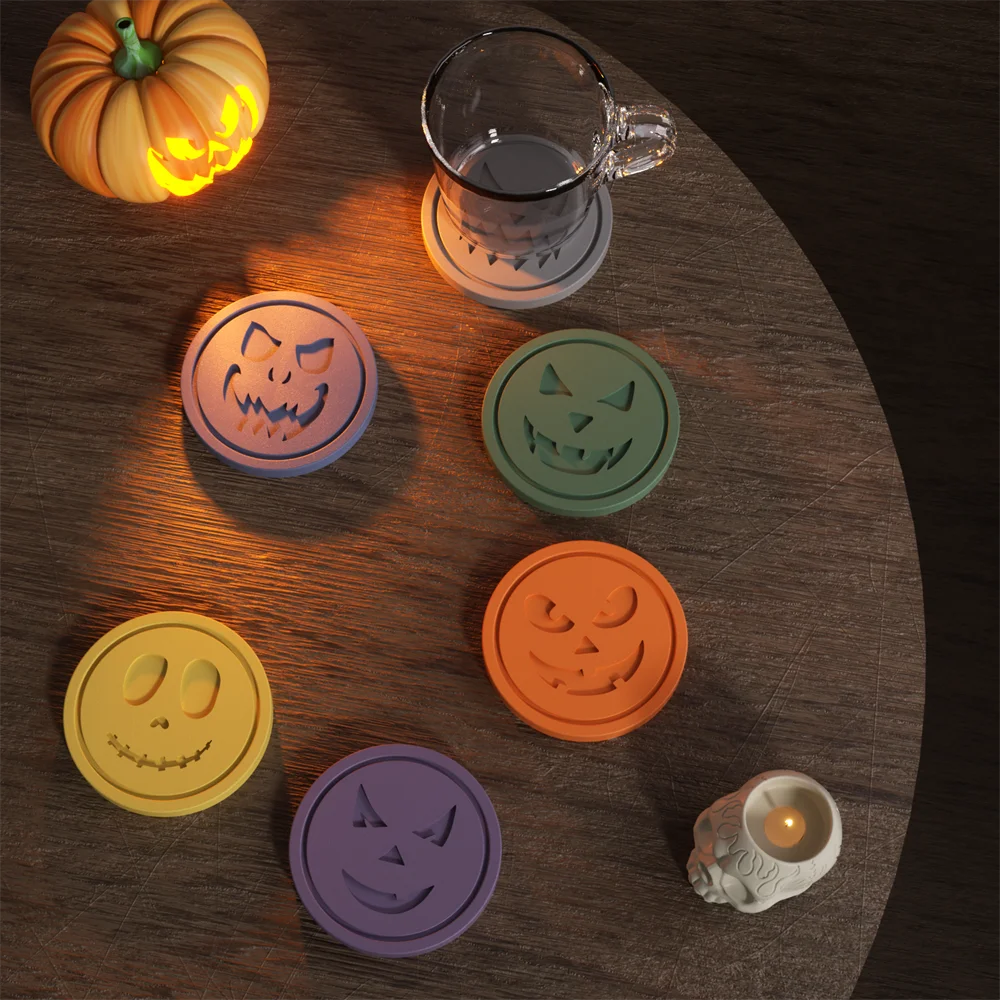 Nicole Jack-O'-Lantern Faces Coaster Gypsum Mold Handmade Jesmonite Concrete Halloween Silicone Mould DIY Halloween Home Decor