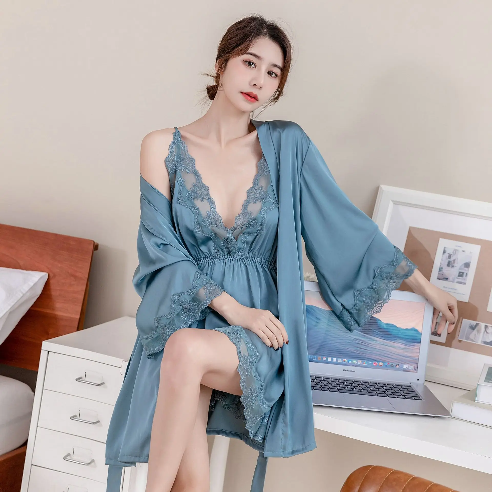 Lace Trim Sexy Nighty&Robe Set Summer Spaghetti Strap Nightgowns Bathrobe Female Backless Satin Home Clothes Kimono Sleepwear