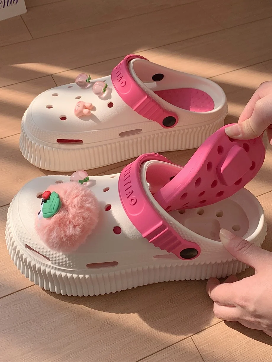 Cute Plush Toy Hole Shoes Garden Shoes Women's Fashion Outwear Tall Thick Sole Slippers Summer Hollow Out Sandals