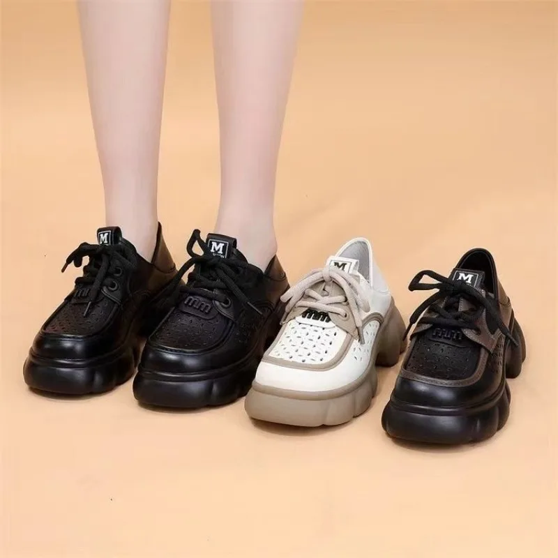 Fashion Women Chunky Platform Oxford Shoes Hollow Breathable Black‑Brown Colorblock Lace‑Up M Logo Casual Daily Shoes